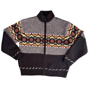 Vintage Ruff Hewn Mens Fair Isle Cardigan Sweater Size L Zip Knit 70s Dad Brown